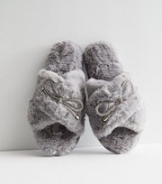 Loungeable Pale Grey Diamante Bow Faux Fur Fluffy Slippers